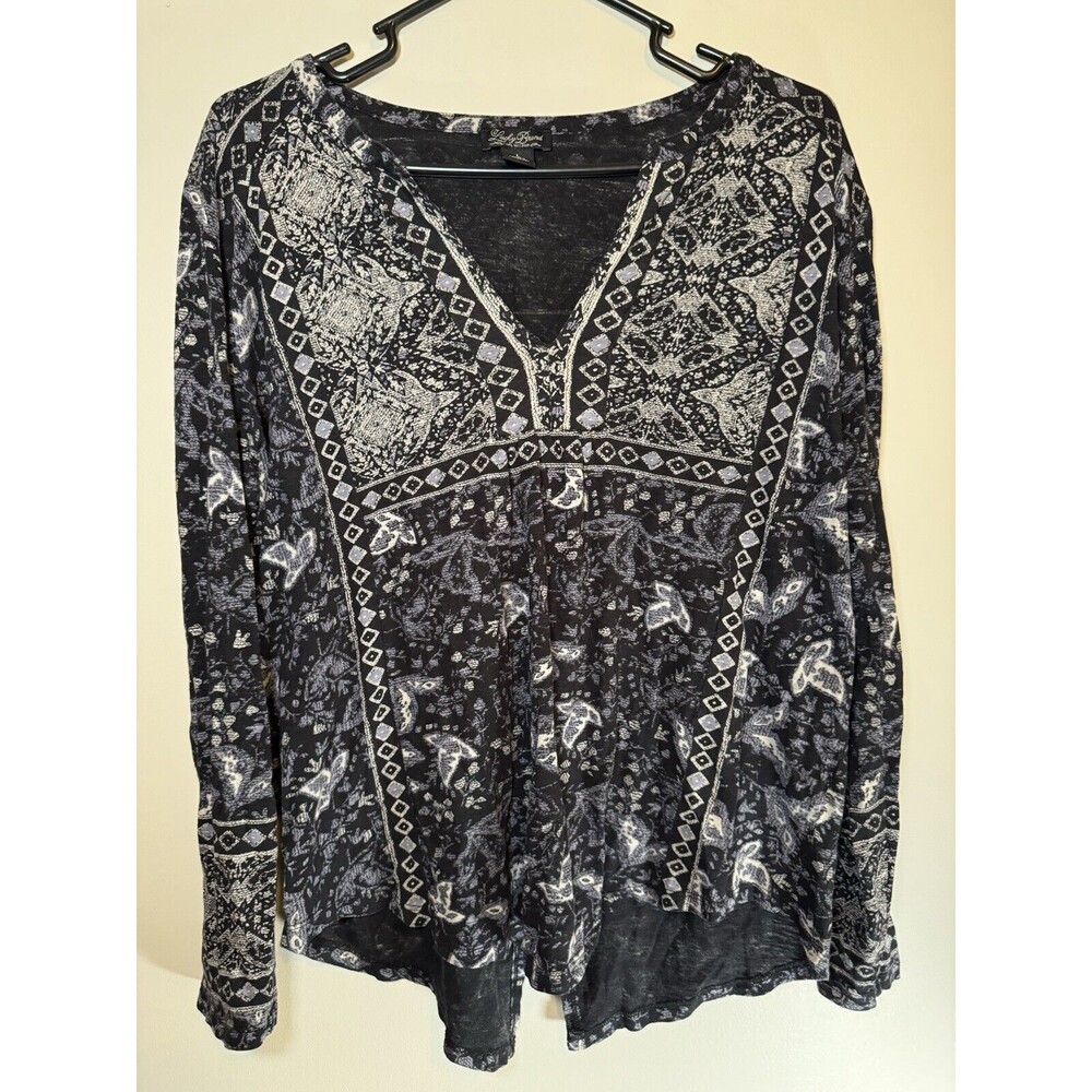 LUCKY BRAND Black Floral Long Sleeve V-neck Shirt Sz L *MAKE OFFERS*